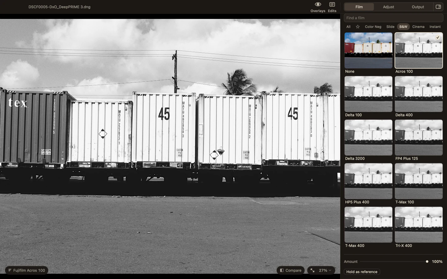 The Film page in Milkglass showing the black and white stocks, Fujifilm Acros 100 selected beside a photograph of shipping containers.