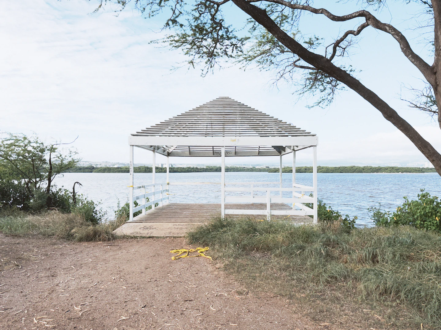 A white gazebo on a lagoon, framed by a tree, with Kodak Portra 160.